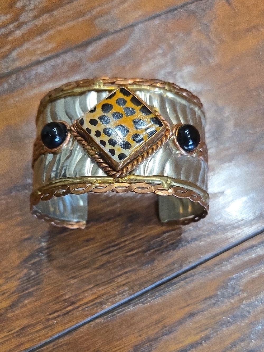 Gold-Tone Animal Print Cuff Bracelet with Black Cabochons